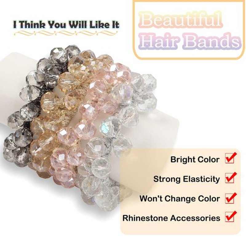 4 PCS Rhinestone Hair Ties, Bracelets Hair Ties for Thick or Thin Hair, Boho Hair Ties for Ponytail Holders, 2.2’’ Hair Tie for Women No-Damage