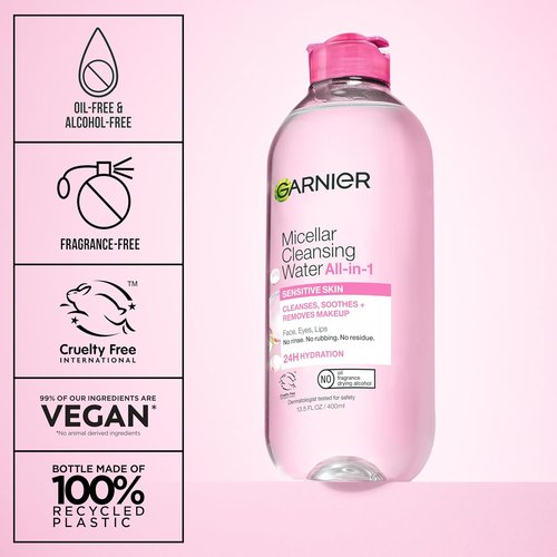 Garnier Micellar Water - Hydrating Facial Cleanser & Makeup Remover for Sensitive Skin | 13.5 Fl Oz (400mL) - 2 Count