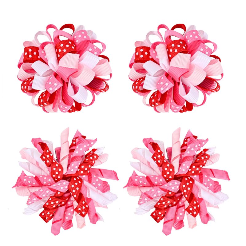 Valentine Hair Bow Clips - Curly Ribbon & Flower Ball Hair Bow Clips Handmade Cheer Alligator Barrette Pins for Kids Girls Grosgrain Ribbon Fireworks Ballflower Accessories (Red/White/Pink)