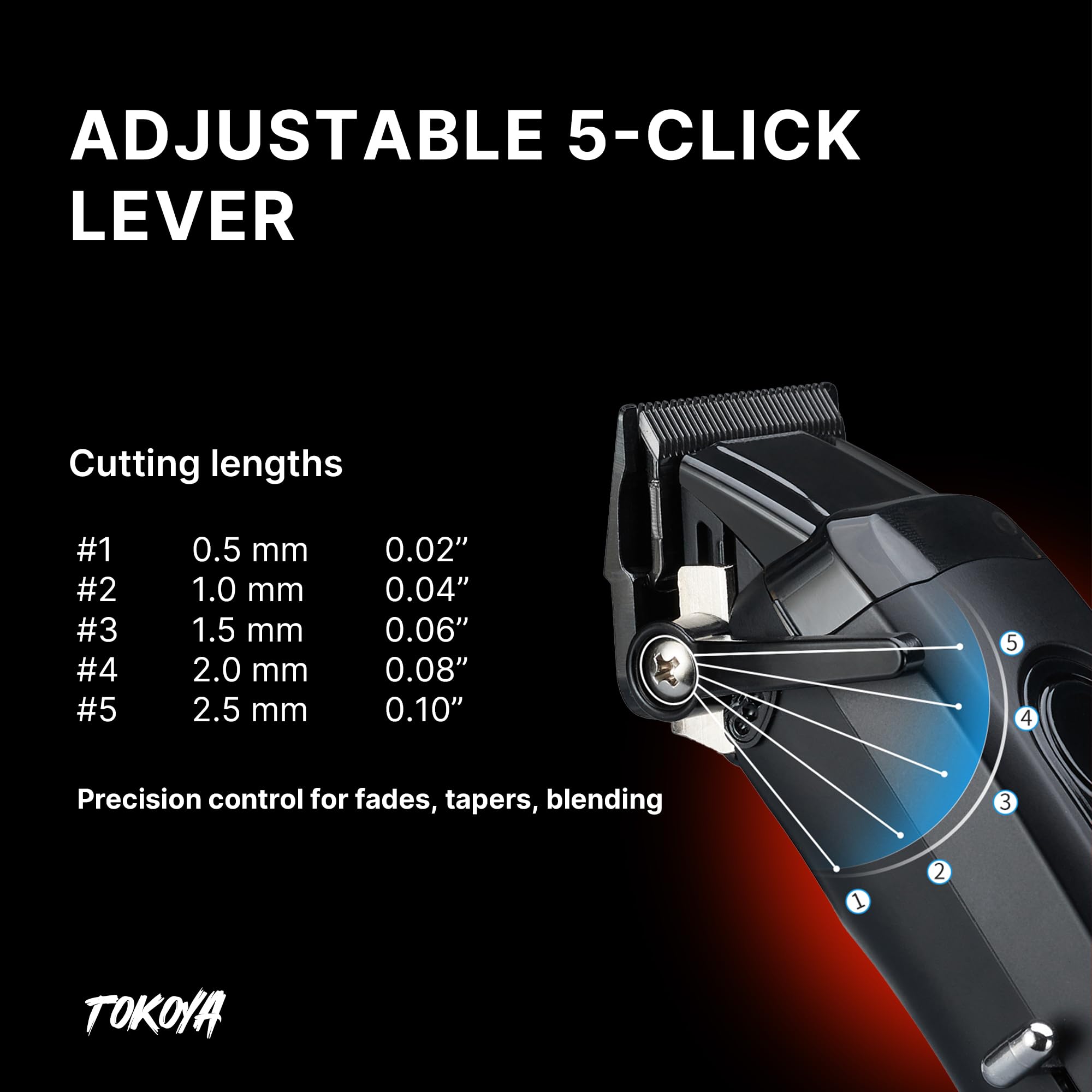 TOKOYA Shogun Professional Hair Clippers – Black Titanium DLC Blade, 7500 RPM Brushless Motor, Adjustable 5-Click Lever, LED Display, USB-C Charging, Cordless Barber Clippers with Guards & Dock