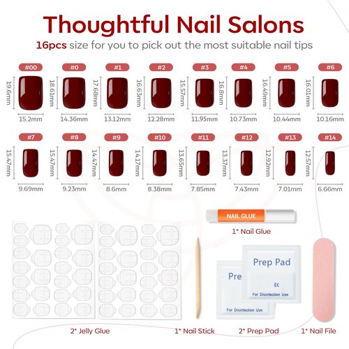 Modelones Press on Nails, Dark Red Short Square Fake Nails, Valentines Reusable Nail Kit with Nail Glue Adhesive Tabs Mini Nail File, Nails Press Ons 32Pcs16 Sizes, Women Girl Gift