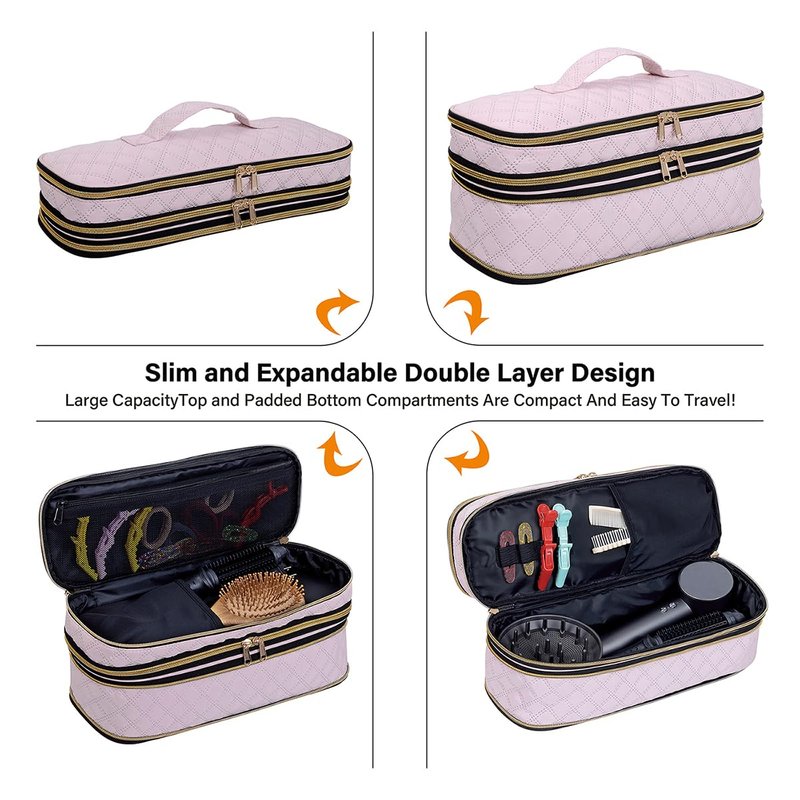 UOZL Hair Dryer Curling Iron Storage Bag, Travel Carrying Case, Slim Expandable Handheld Dual-Layer Travel Storage Bag for Dryer/Hair Tool Organizer/Style Organizer (Pink)