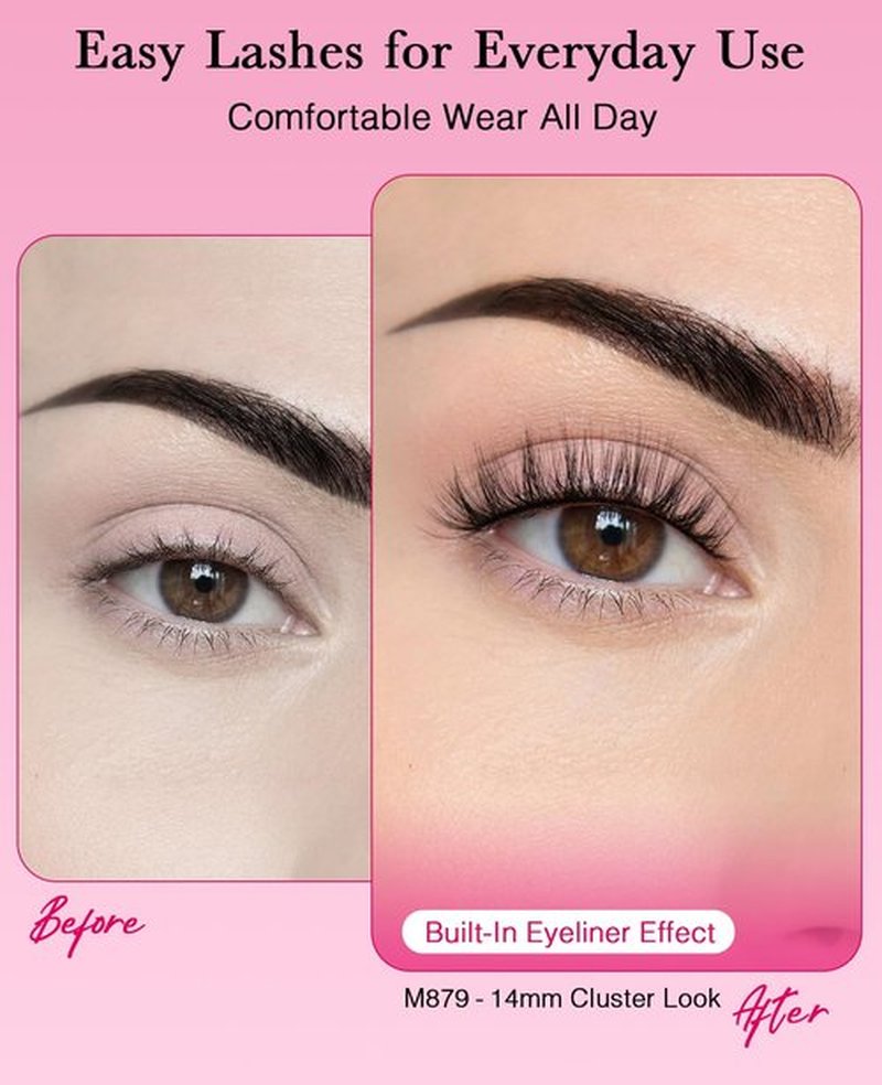 EMEDA Self Adhesive Eyelashes Preglued Glueless -Natural Look No Glue Eyelashes 14mm Natural Cat Eye Glueless No Glue Needed Reusable Stick on False Strip Lashes Easy for Beginner (879 with Tweezers)