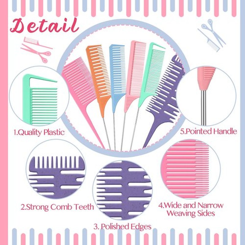 Patelai 6 Pieces Highlighting Comb Set Weaving Hair Dyeing Comb Weaving Sectioning Foiling Rat Tail Styling for Highlights Foiling Balayage Hair Coloring Men Women (Multicolor Style)