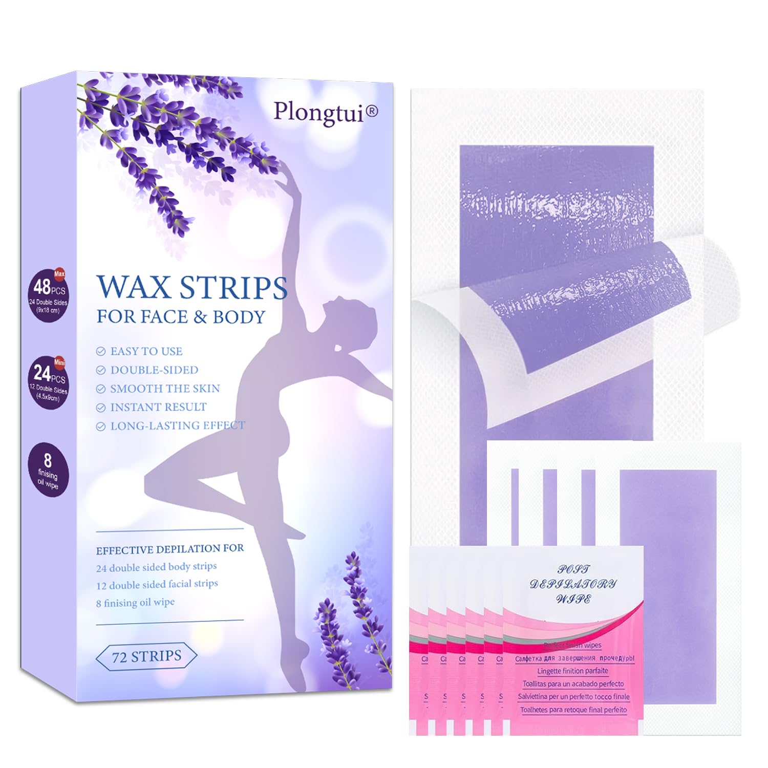 Wax Strips Hair Removal for Women: Waxing Kit with 72 Pcs Body Waxing Strips Dual Sides & 4 Calming Oil Wipe For Face, Bikini, Legs, Lip, Brazilian Wax Kit At Home, Hypoallergenic All Skin