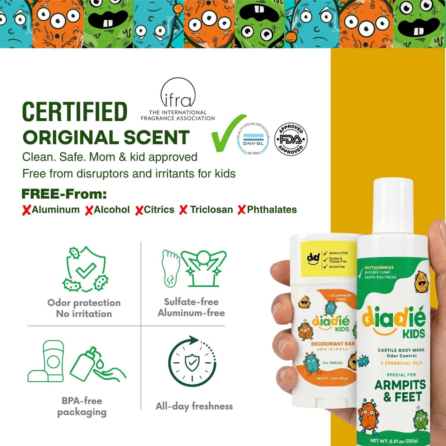 Diadié Kids Mix pack Natural deodorant bar and a Castile Liquid Body Odor Soap/Wash, For Armpits, feets, body odor protection, 5 Essential Oils, 2 Pack