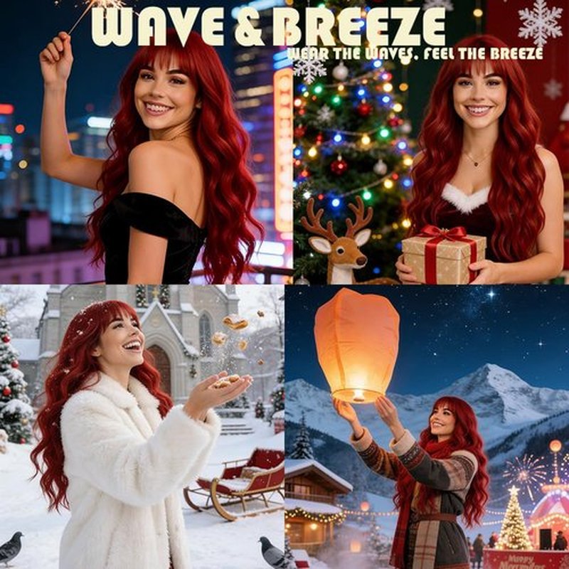Long Red Wigs with Bangs 26Inch Wavy Curly Hair for Women Tangle Free Soft Natural Looking Premium Heat Resistant Protein Fiber Daily Party Use