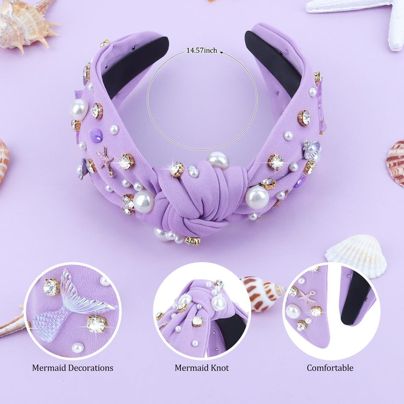 YARIEW Mermaid Knotted Headband for Women, Mermaid Birthday Decorations Seashell Hair Accessories, Starfish for Under the Sea Party Decorations Gifts (Purple)