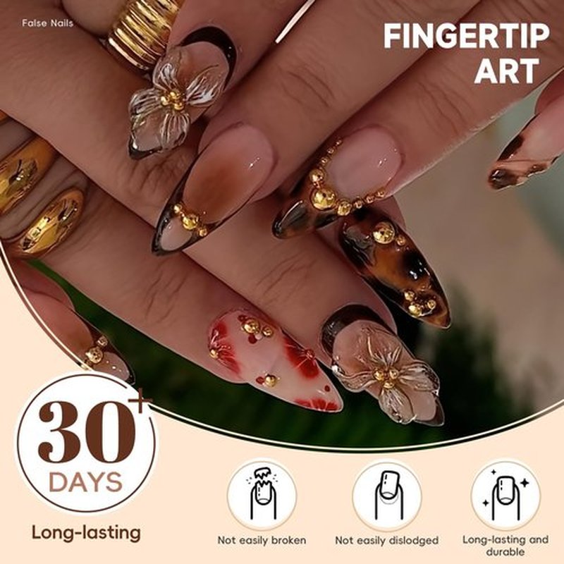 HOSAILY Medium Almond 3D Brown Gold Flower Press on Nails-‎ Tortoiseshell Leopard French Tip Blossom Gradient Design,24Pcs Handmade Fall/Autumn/New Year Glue on Acrylic Fake Nail Press ons for Women