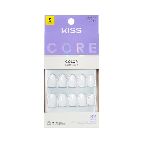 KISS CORE Color Press On Nails Almond, Lyrical, White, 32 Count