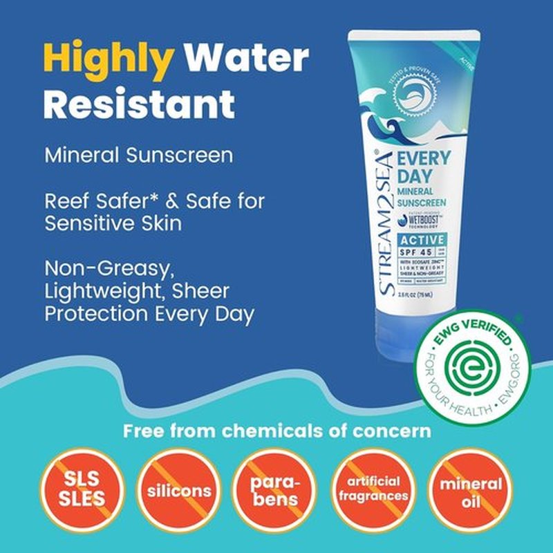 Stream2Sea SPF 45 Active Mineral Sunscreen - Biodegradable & Reef Safe | 2.5 Fl Oz Non-Greasy Protection for Face & Body
