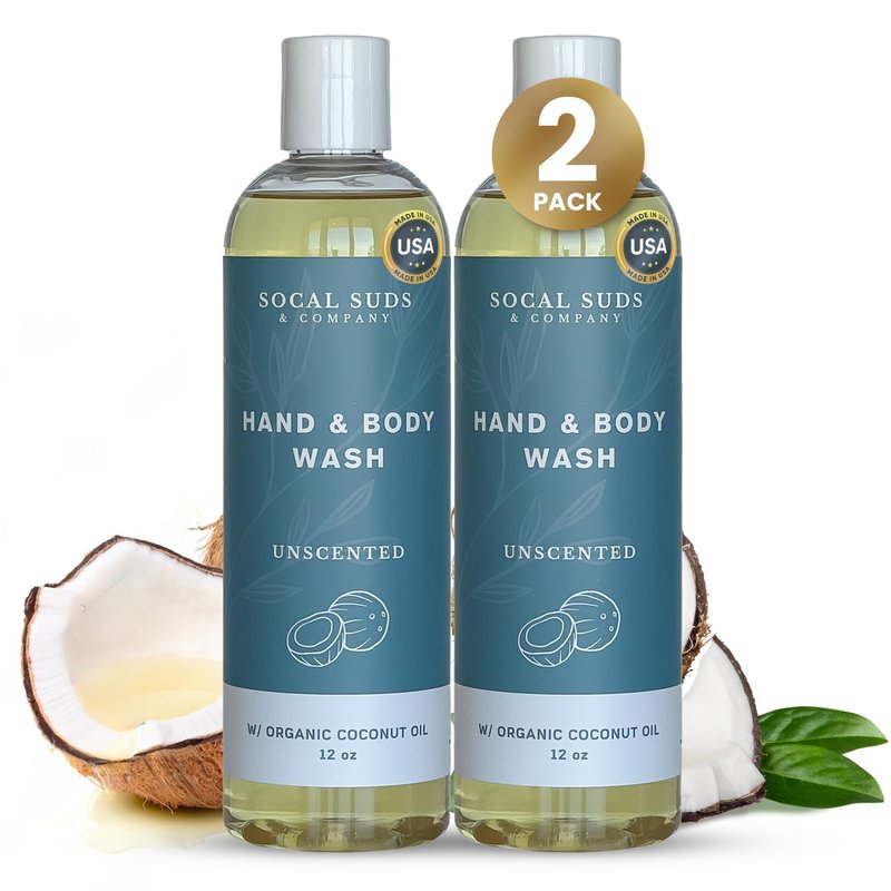 SoCal Suds & Company Organic Body Wash - Gentle Hand & Body Soap Liquid for Men & Women, Made w/Organic Oils & Coconut Oil, Nourishing Shower Gel Bodywash for All Skin Types, Fragrance-Free 2-Pk, 12oz