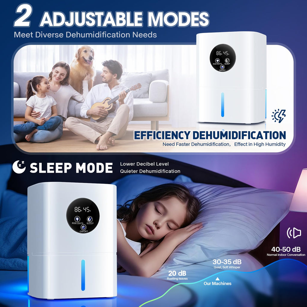 Dehumidifier,37 OZ Small Quiet Dehumidifiers with Auto Shut Off,7 Colors LED Light,Digital Display,Sleep Modes,Intelligent Remote Control for Home (1000 sq.ft),Bathroom,Bedroom, Basement (White)