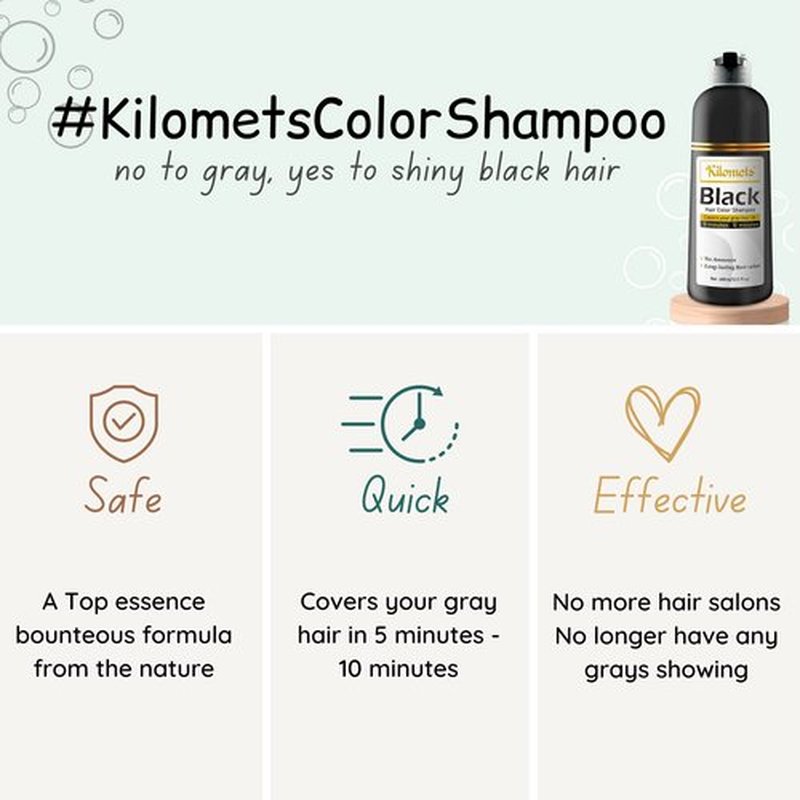 Kilomets BLACK Hair Dye Shampoo 400ml- 100% Grey Coverage in Minutes- Ammonia Free Hair Color Shampoo Cover Gray Silver Hair- Instant Darkening Coloring At Home- Gift for Mom Dad