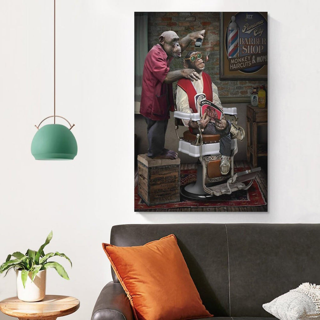 Barber Shop Monkey Haircuts Poster Decorative Painting Bathroom Decor Living Room Canvas Wall Art UnFramed,16x24inch(40x60cm)