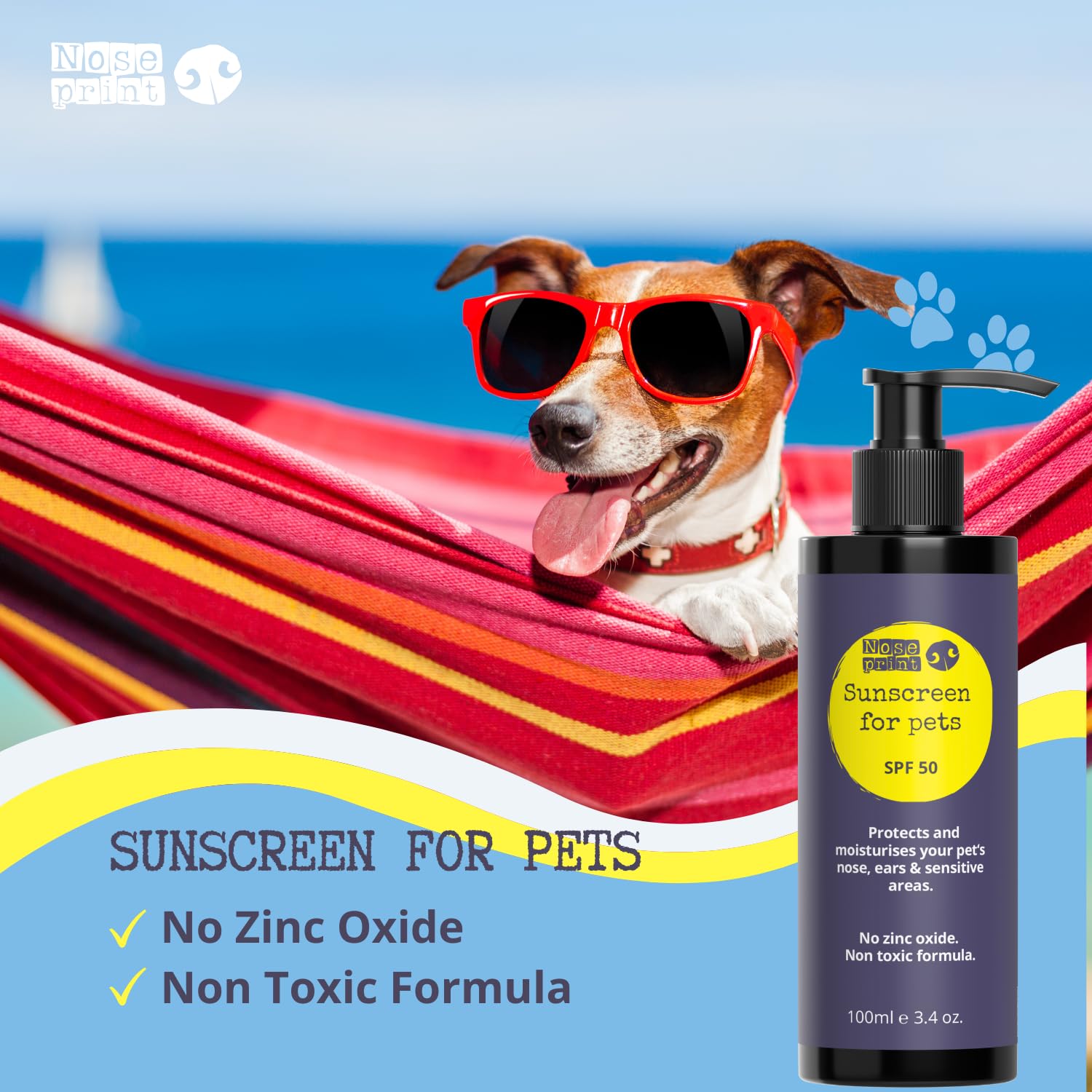 Noseprint SPF 50 Pet Sunscreen Lotion Bottle with Pump Sun Protection for Pets 100 ML | Moisturising Sunscreen for Dogs and Cat Non-Toxic Formula Dog Nose | Dog Paw Balm Sun Cream Balm