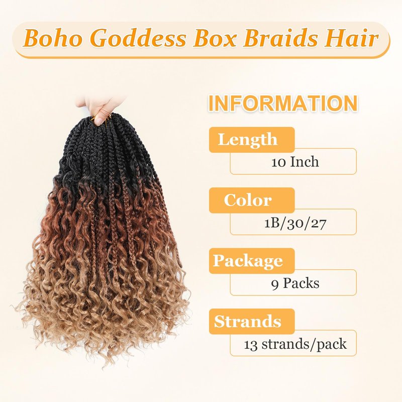 Yewell Goddess Box Braids Crochet Hair - Boho Crochet Box Braids With Curly Ends, 9 Packs Bohomian Box Braids Crochet Hair For Black Women, Pre Looped (10Inch, 1B/30/27)