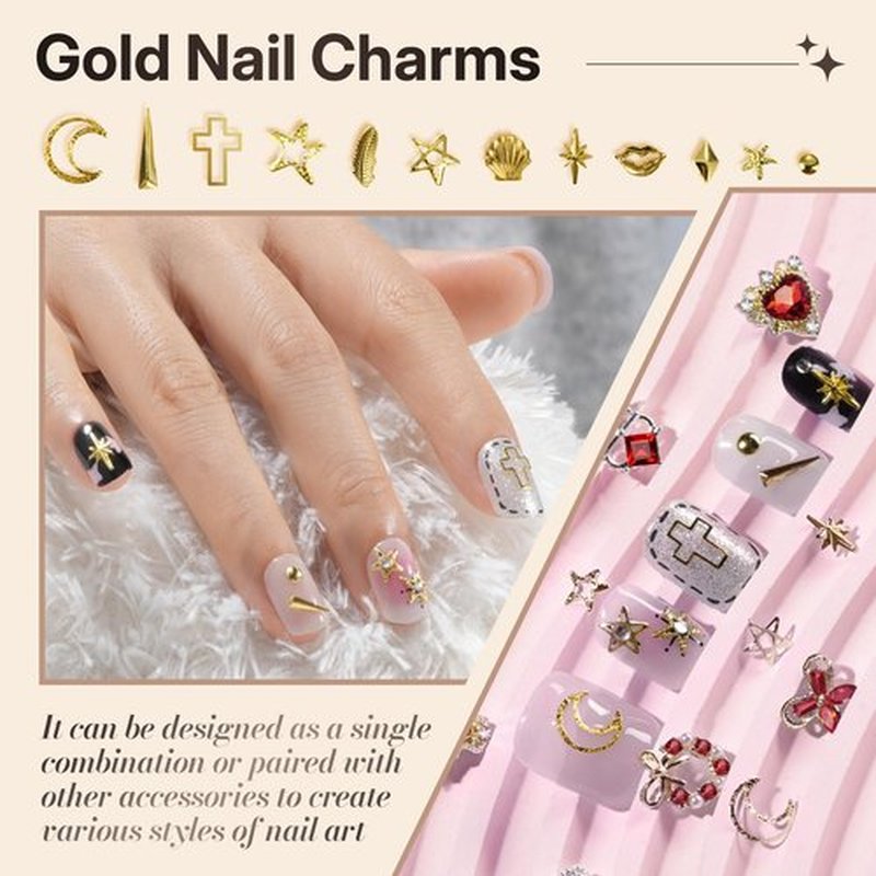 TsMADDTs Nail Charms and Gems Kit, 4 Boxes Gold Nail Charms, Gems, Flat Black Rhinestones and Beads with Manicure Tools, 3D Cross Charm Professional Art Design Tool for DIY Manicure at Home, Salon