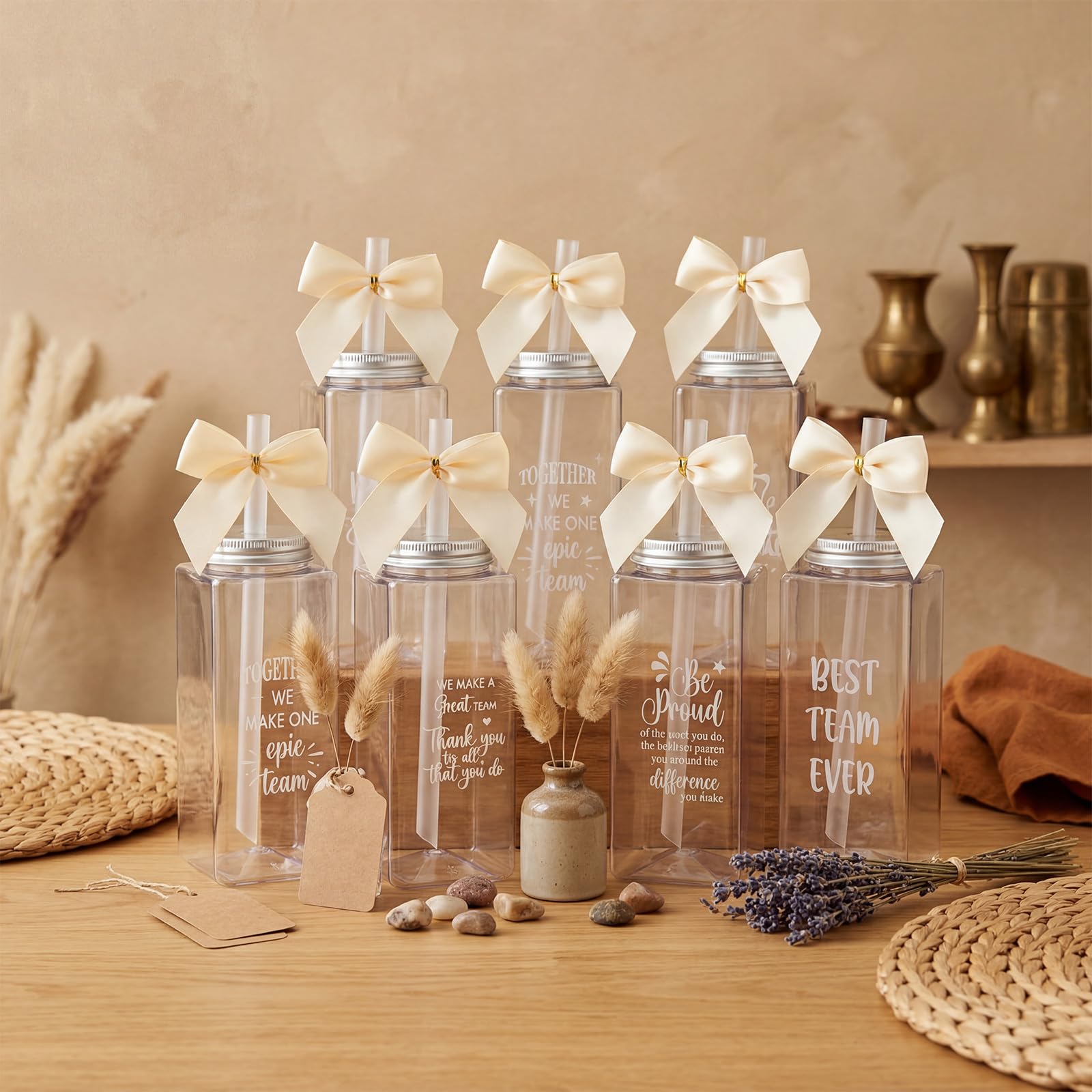 Skylety 36 Pcs Thank You Gifts for Coworker Back to School Gift Bulk 2026 Employee Appreciation Gifts Cups Bulk 13.5 oz Clear Skinny Tumblers with Straws Lids Bow(Team,Beige)