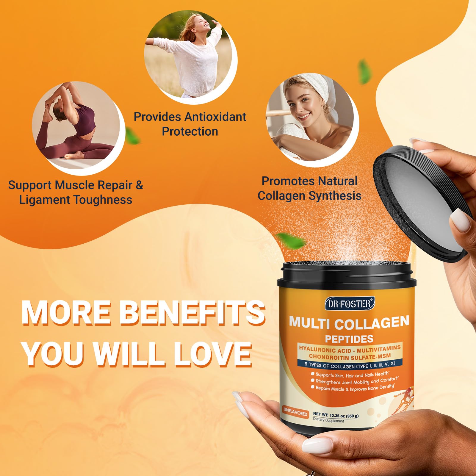 DRFOSTER Multi Collagen Peptides Powder for Women with MSM + CS & D3 - Type I, II, III, V, X Hydrolyzed Collagen with Vitamin C & Hyaluronic Acid for Skin Hair Nails & Joint, Non-GMO, 35 Servings