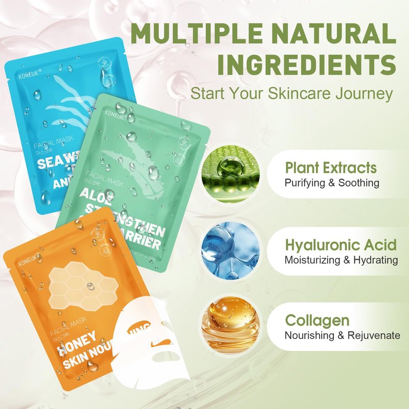 KONEUK 48 Pack Collagen Hydrating Face Masks Skincare for Women, Moisturizing & Soothing Face Mask for All Skin Types, Facial Masks Set Spa Gifts for Women, Bulk Sheet Face Mask for Skin Care
