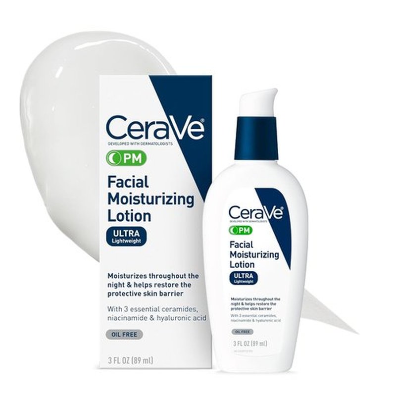 CeraVe PM Facial Moisturizing Lotion - Ultra-Lightweight Night Cream with Hyaluronic Acid & Niacinamide | 3 Oz