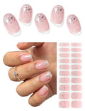 AutyaMee Semi Cured Gel Nail Strips (White Glitter Tip), 20 Pcs Pink Base Gel Nail Wraps, Stickers, Salon Quality, Long Lasting, Works with Any UV Lamps