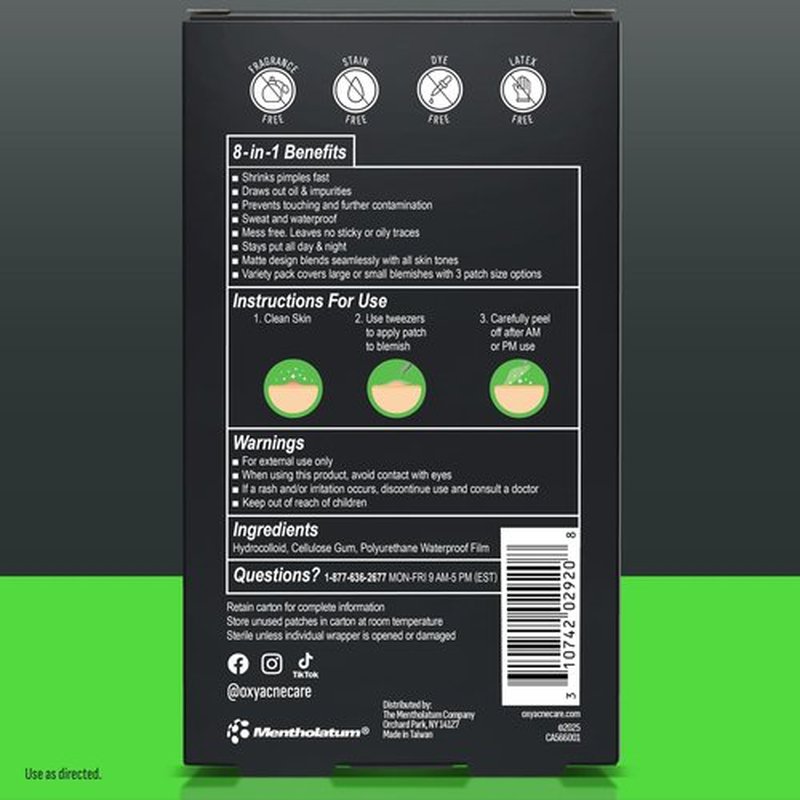 Oxy 8 IN 1 Pimple Acne Patches, Invisible, Sweat & Waterproof Hydrocolloid Zit Covers Protect & Shrink Pimples, Fast On Face & Body, 26 Count in 3 Sizes, Tweezers Included (3x26ct)