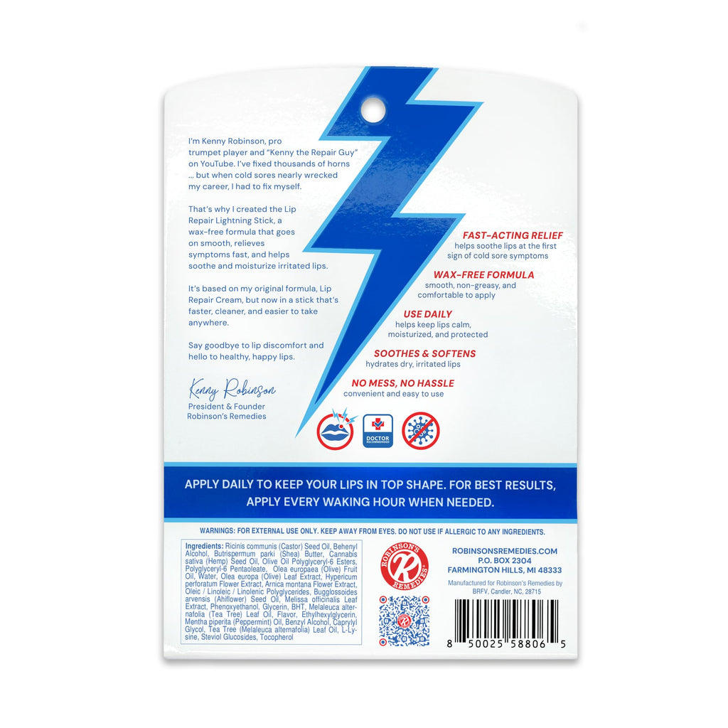 Robinson's Remedies tm Lip Repair Lightning Stick - Created by a Lifelong Cold Sore Sufferer - Wax-Free Lip Balm for Dry, Irritated Lips - Supports Soft and Supple Lips