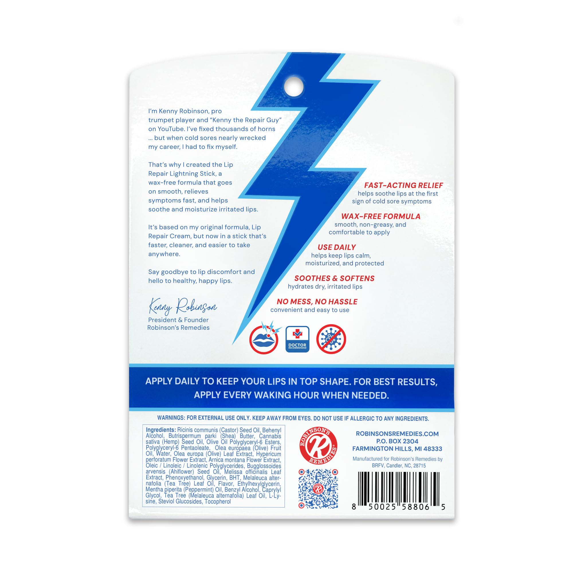 Robinson's Remedies tm Lip Repair Lightning Stick - Created by a Lifelong Cold Sore Sufferer - Wax-Free Lip Balm for Dry, Irritated Lips - Supports Soft and Supple Lips