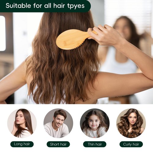 Bamboo Hair Brush and Comb Set, Massage Scalp Detangling Hairbrush for Hair Growth, Bakelite Durable Anti Static Wide-Tooth Comb & Rat Tail Comb for Women, Men, Kid