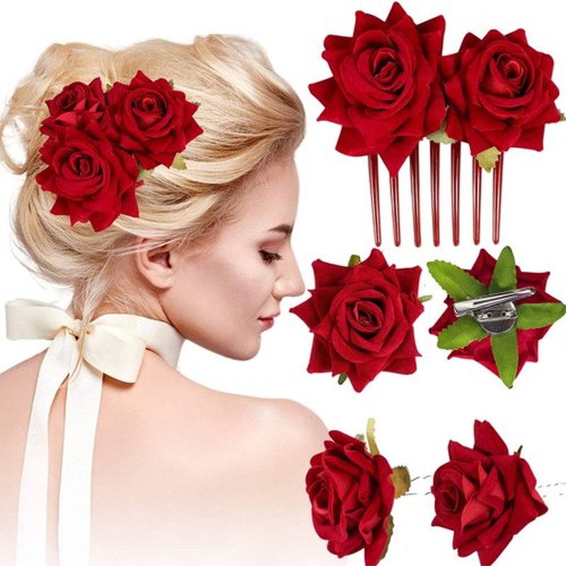 ASTRYAS 4 Pieces Red Rose Flower Hair Clip Bridal Hair Pins Rose Brooch Mexican Flower Hair Accessories for Party Wedding Flamenco Dancer, Christmas Gift for Women