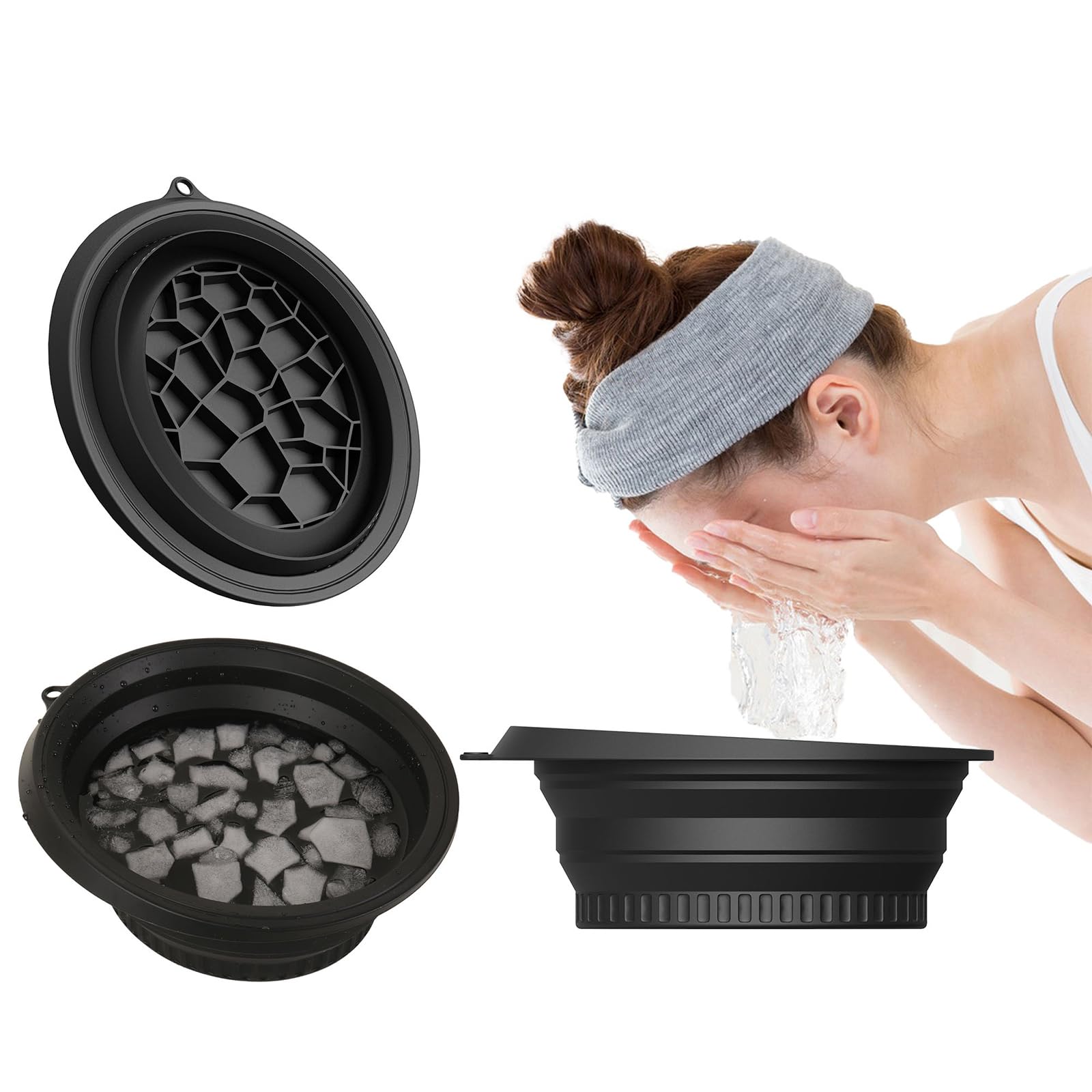 Zjyufy 2pcs Face Bowl for Ice with Built-in Ice Tray, Facial Cold Plunge Face Ice Bath Bowls, Collapsible Portable Reusable Silicone Cold Plunge Basin for Skin Tightening, Acne Relief , Black