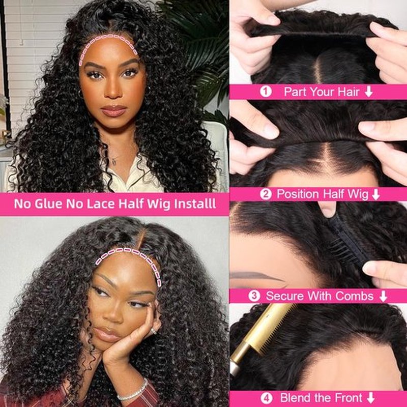 PERISMODA Burmese Curly Half Wig Glueless Wigs Human Hair with Spiral Curly End 200% Density 3 IN 1 Kinky Curly Human Hair Half Wig With Drawstring Seamless Clip Ins Flip Over Natural Color 18 Inch