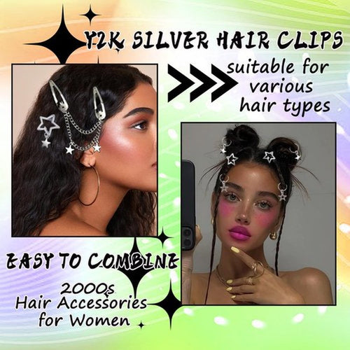 24PCS Gold Star Hair Clips Hair Cuffs Rings Silver Metal Star Barrettes 10 Shapes Pentagram Y2k Barrettes for Women 2000s Hair Accessories for Girls (Silver/Gold)