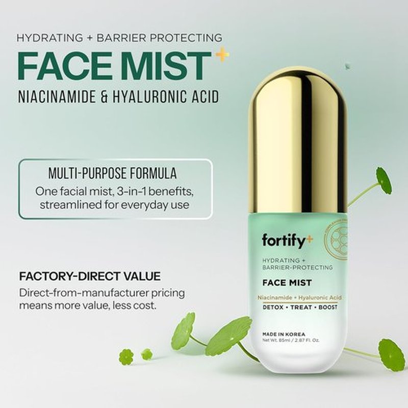 Fortify Skincare Niacinamide & Hyaluronic Acid Face Mist - Hydrating, Soothing 3-in-1 Facial Spray - 2.87 Oz