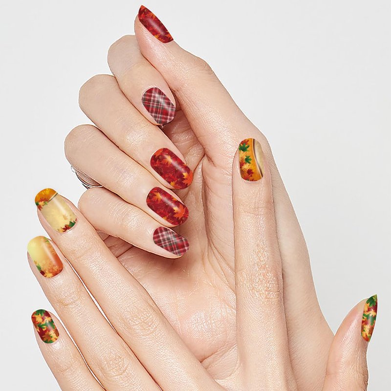 XEAOHESY 30 Sheets Maple Leaf Theme Halloween Stick On Nail Polish Strips Nail Stickers Decals Holiday Full Nail Wraps for Women Halloween Nail Art