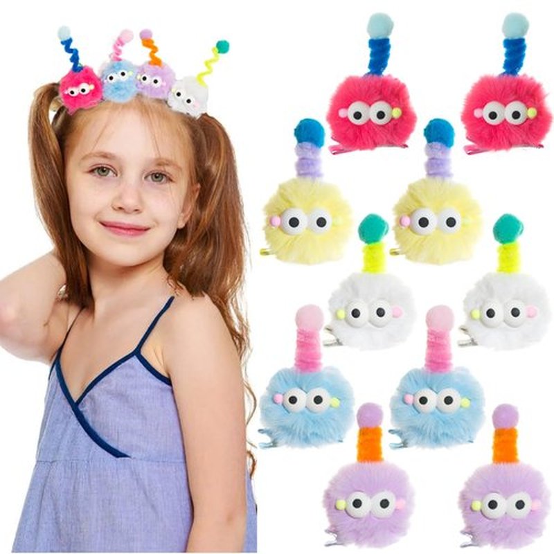 10 PCS Cartoon Pom Poms Hair Clips, Crazy Hair Day Accessories for Kids, Fuzzy Pom Poms Hair Barrettes for Crazy Hair(5 Pairs)