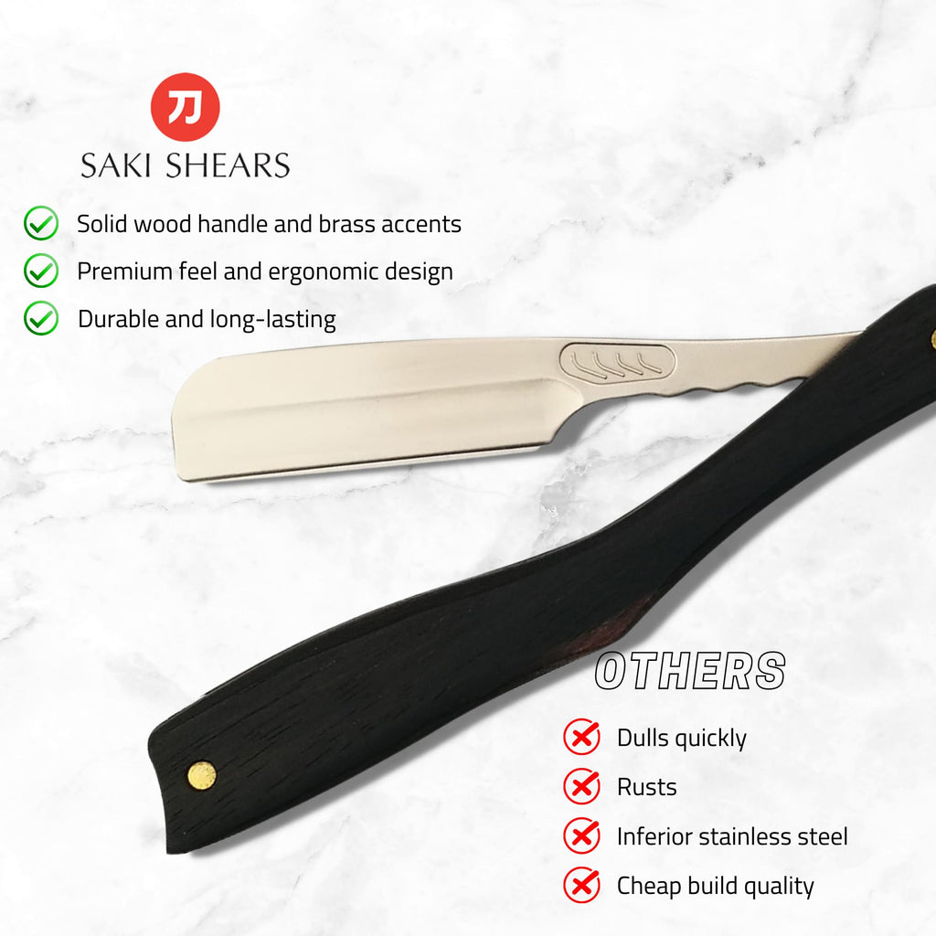 Straight Razor Shaving Solid Wood Handle and Saki Shears Blade (Ebony)