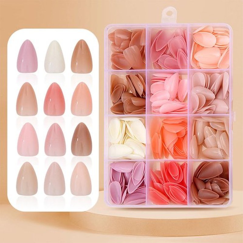 12 Packs (360Pcs) Press on Nails Short Almond Nail Tips Solid Color Nails Press Ons Glossy Nature with Designs Fake Nails Full Cover Daily Acrylic Nails for Women Nails Art- Light Color
