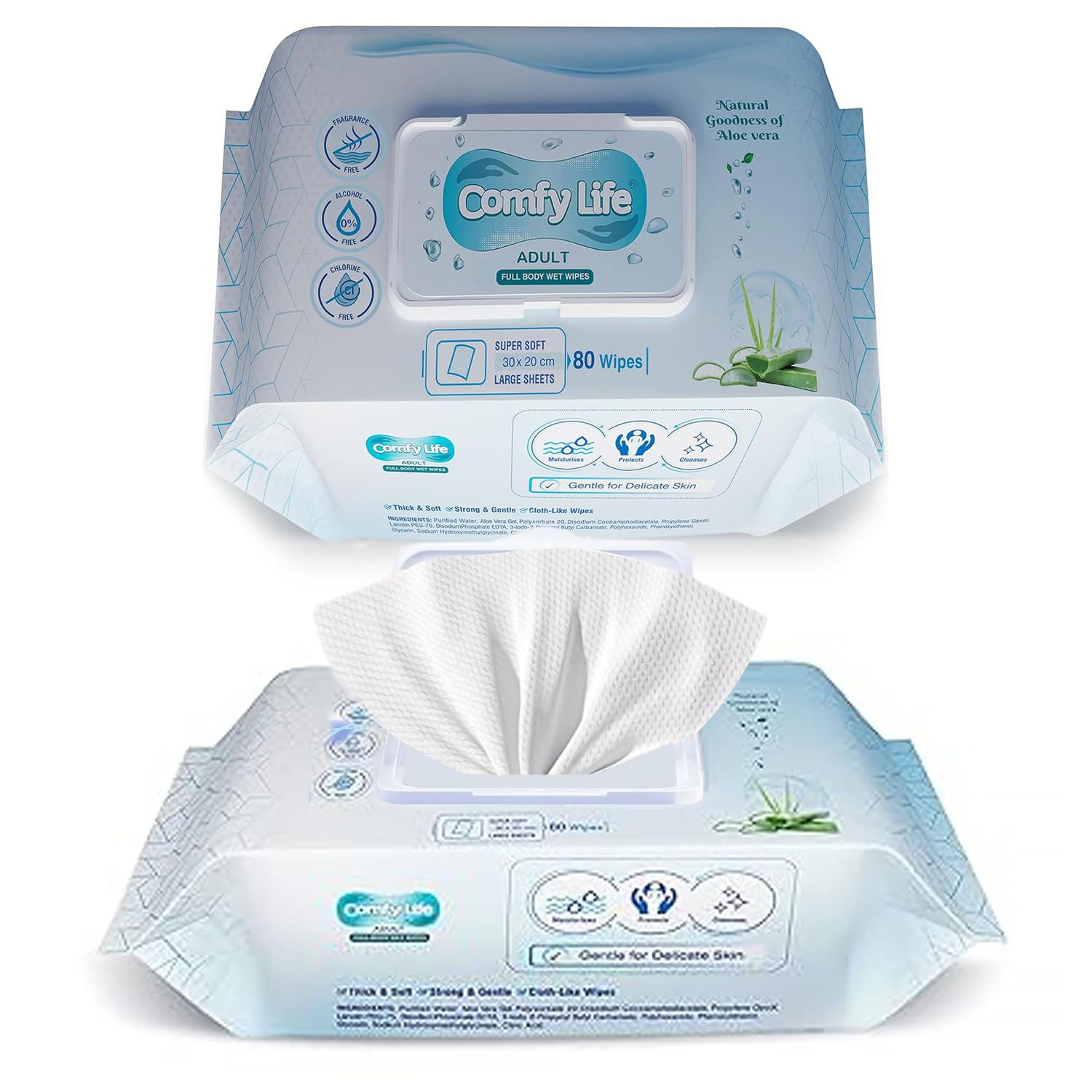 Comfy Life Premium Full Body Cleansing Wet Wipes For Adults - Large Luxury Fresh-feel Rinse-free Fragrance-free Bed Bath Intimate-care Soft Sheets (1 Pack (80 Wipes)