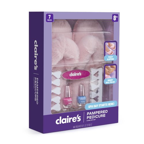 Claire's Kids Pedicure Kit, 7-Piece Home Spa Set with Fuzzy Slippers, Nail Polish, Toe Separators & Nail File, Kids Pedicure Tools for Feet, Girl Toys & Beauty Activity, Gift for Girls Age 8+
