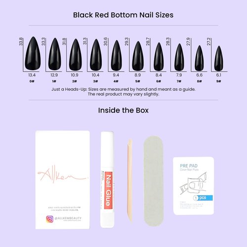 Allkem Press On Nails - Black Red Bottoms Glossy Extra Long Sculpted Stiletto 2 Set Bundle | 10 sizes - 20 pcs Nail kit with Glue
