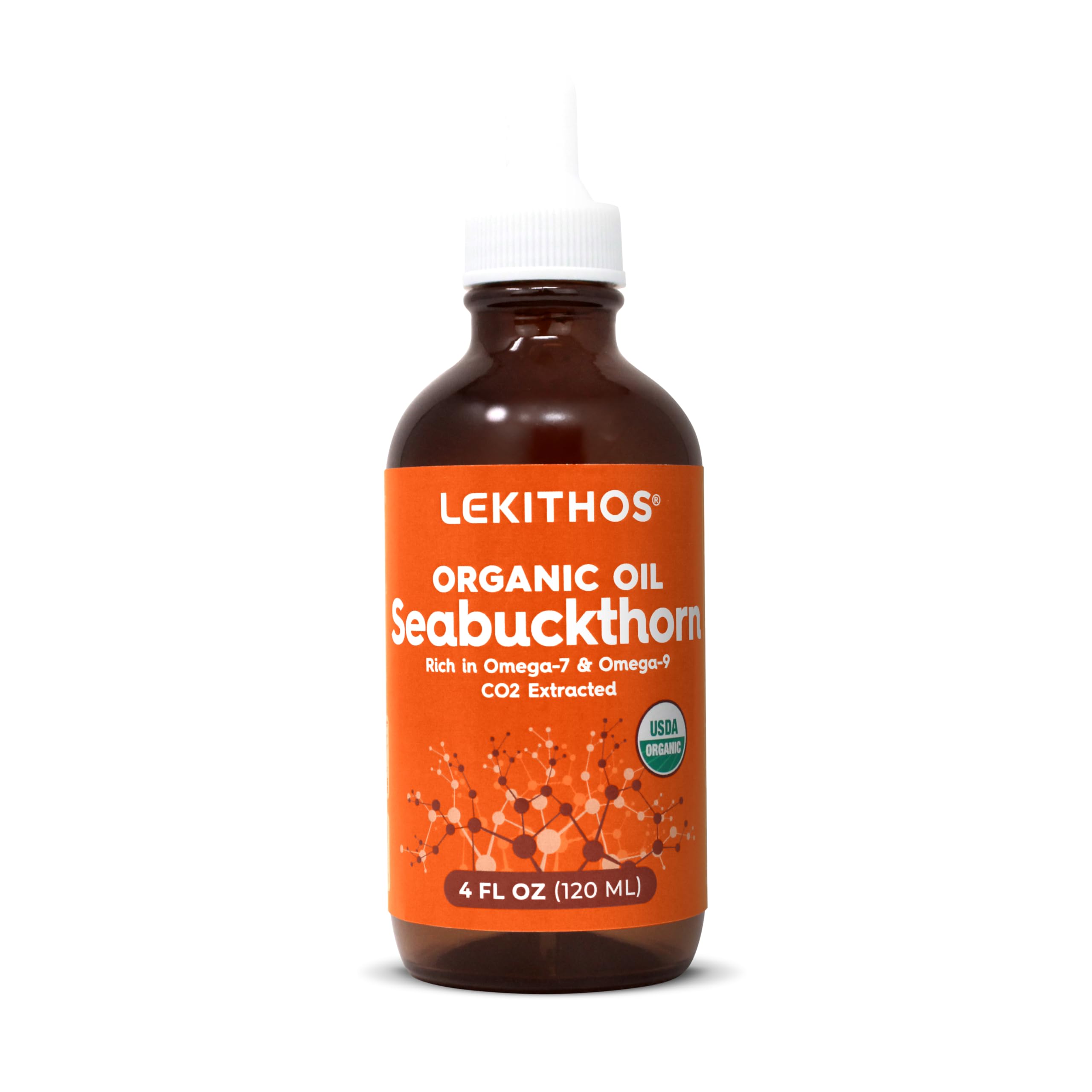 Lekithos Organic Sea Buckthorn Oil | 4 FL OZ (120 ML) | CO2 Extract | Premium Omega 3-6-9 Complex | Skin Barrier Support | Promotes Cell Membrane | Dropper in Glass Bottle | Made In Germany