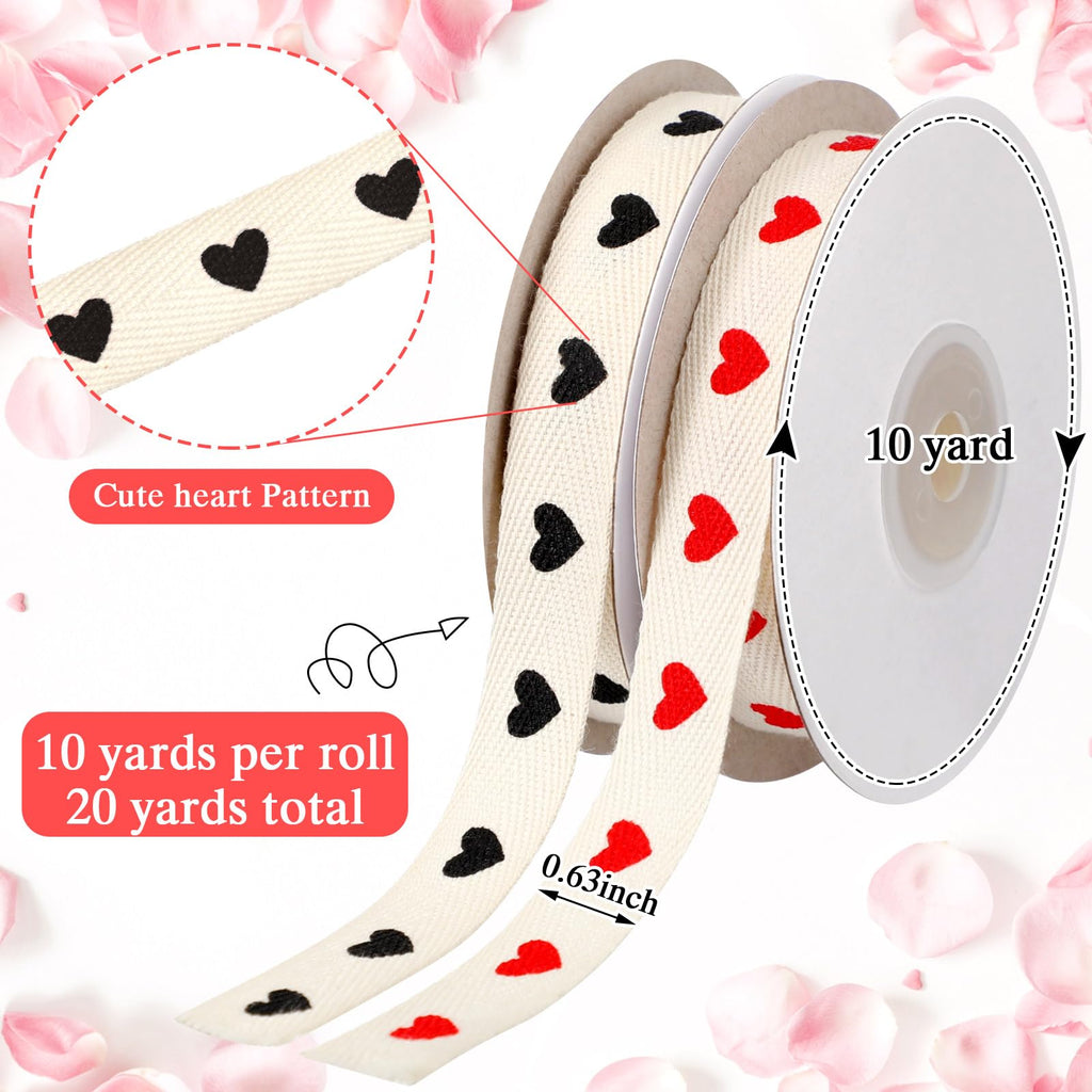 Wavwavw 20 Yards Heart Ribbon, Natural 5/8 Inch 100% Cotton Herringbone Twill Fabric Ribbon Red Valentine's Decorations for Crafts Mothers Day Gifts Wrapping, 2 Rolls