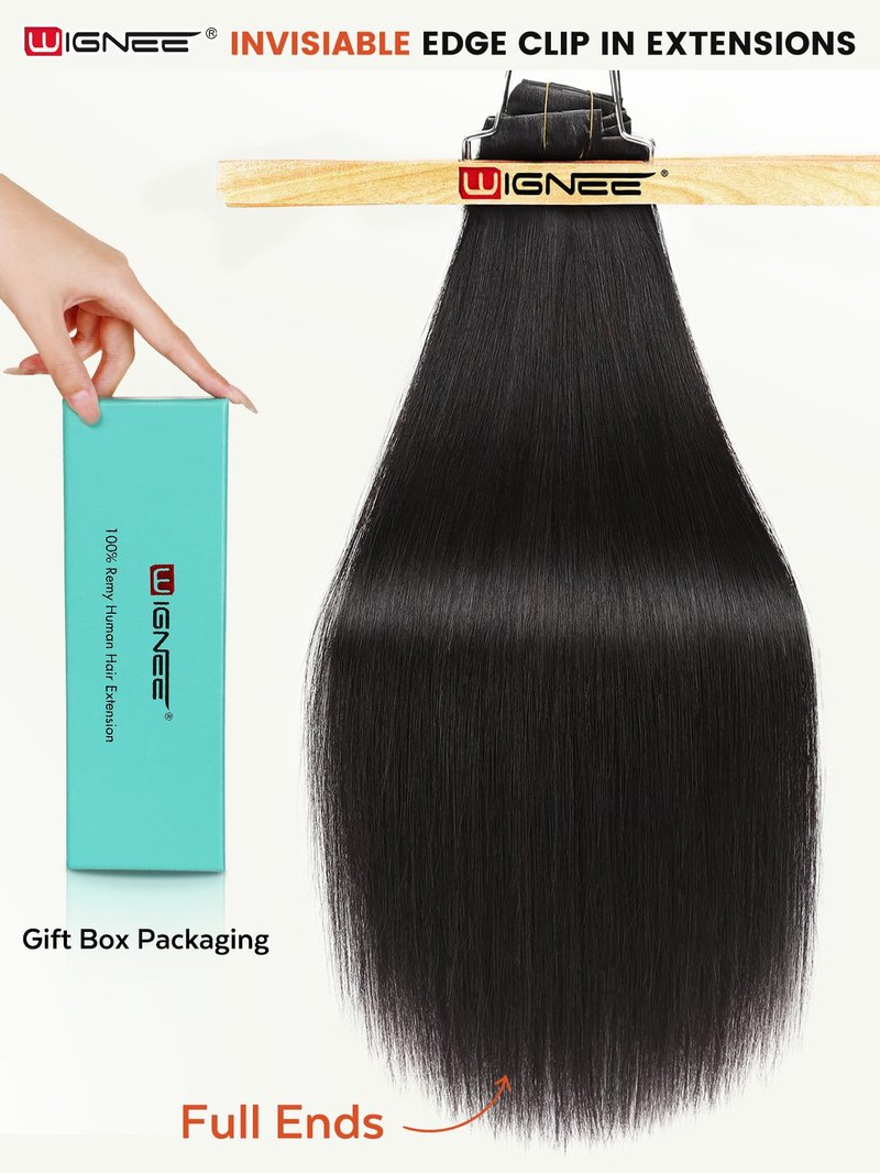 WIGNEE Invisi Edge Black Clip In Hair Extensions Real Human Hair 18inch 130g 8Pcs Machine-Inserted PU Base Human Hair Extension Clip Ins Glueless Remy Hair Extensions for Women
