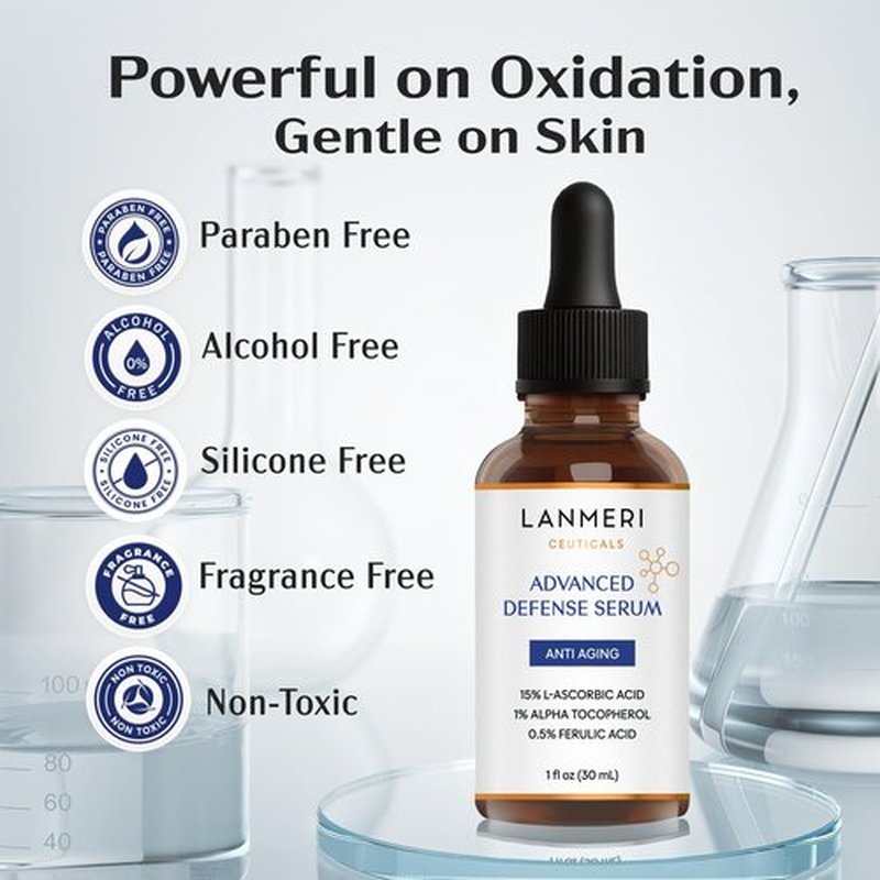 Lanmeri Ceuticals 15% Vitamin C + E + Ferulic Serum: Advanced Antioxidant Defense Formula with 1% Vitamin E & 0.5% Ferulic Acid – High-Stability Vitamin C Serum (1 fl oz)