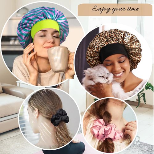 3+3 Large Satin Bonnets with Scrunchies for Women, Wide Band Hair Bonnet for Sleeping Braids Curly Hair, F