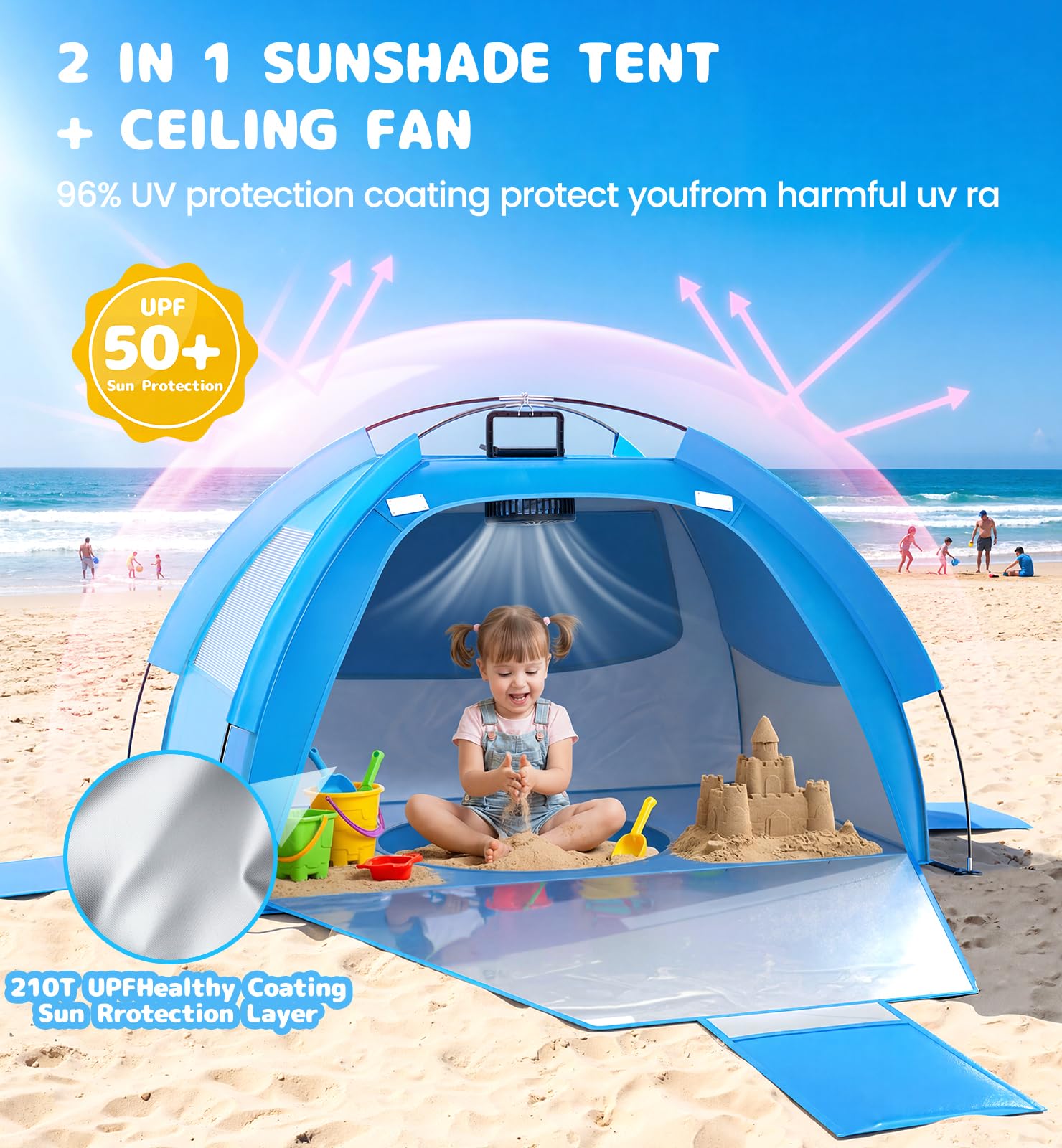 Dsquu Baby Beach Tent Solar Cooling Fan, Anti-UV Toddler Beach Tent Sun Shelter Portable Travel Fan Beach Shade Tent, Baby Play Tent Built-in Ceiling Fan Sun Shelters Toddler Beach Essentials Blue