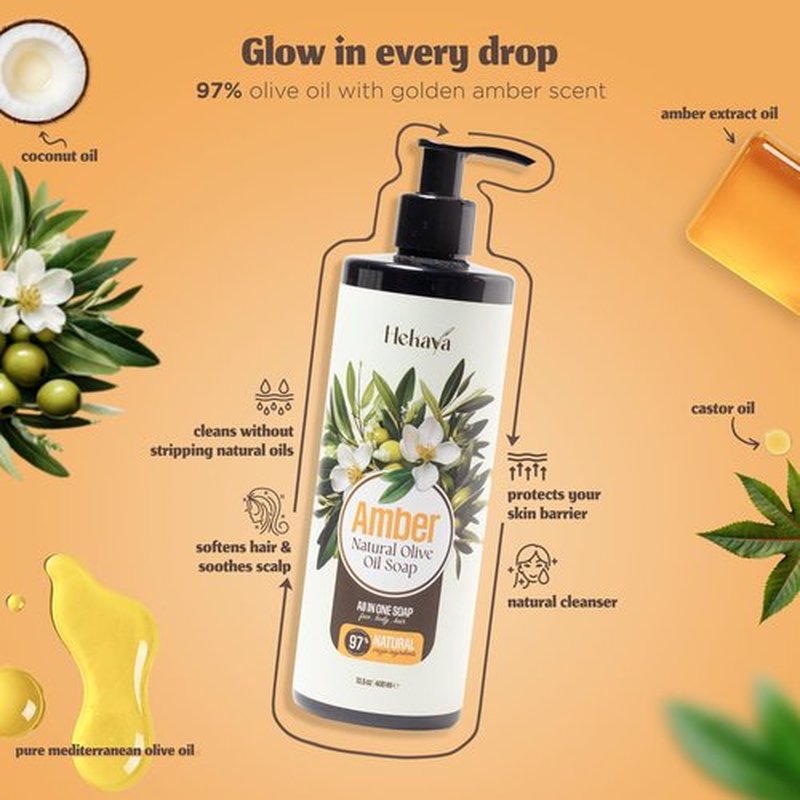 Hekaya Natural Olive Oil Liquid Soap – Amber Scent | Handmade, Vegan, Sulfate & Paraben Free | Face, Body & Hand Wash | Moisturizing Castile Soap | 13.5 fl oz Pump Bottle